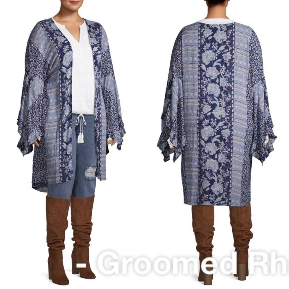 Angie Mix Print Bell Ruffle Sleeve Boho Kimono Size L